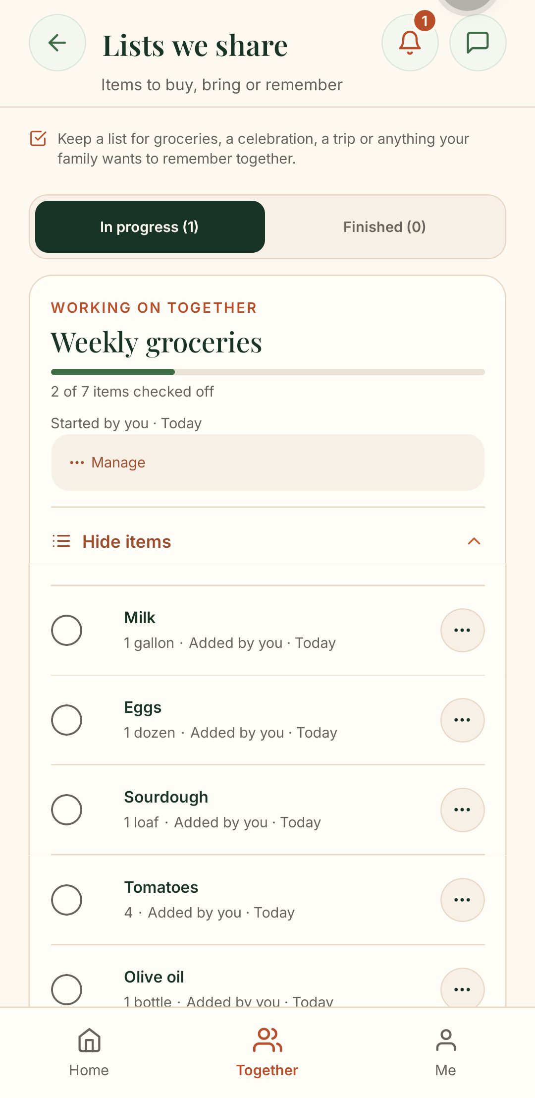 Shared weekly groceries list with milk, eggs, sourdough, tomatoes and olive oil.