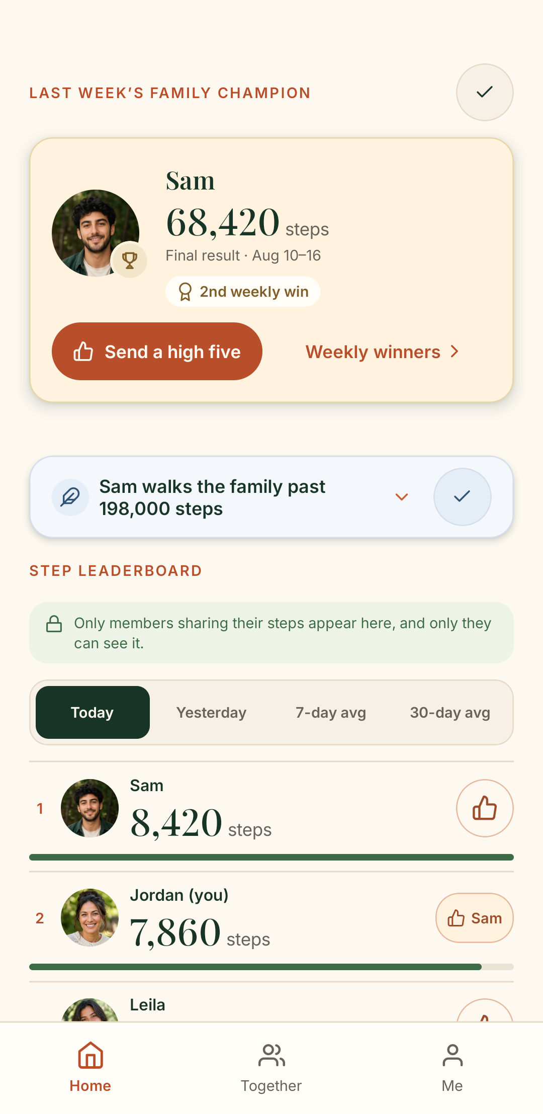 Ellis Family step leaderboard for today.